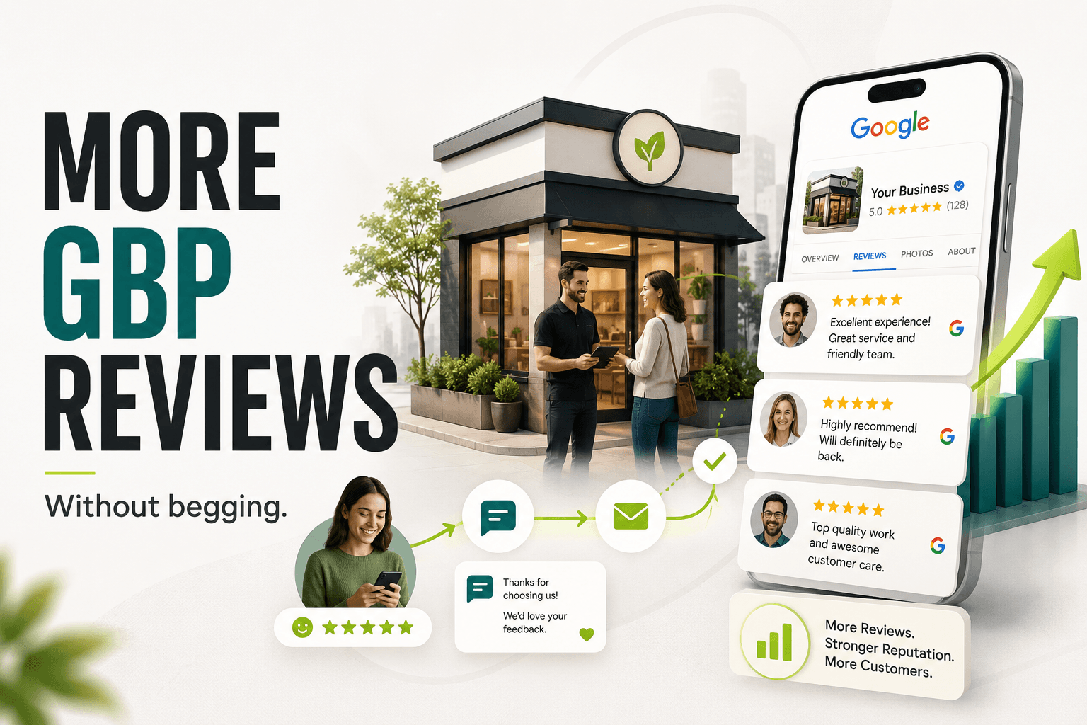 Smartphone showing a Google star rating screen next to a storefront with a review QR code, with stars flowing between them