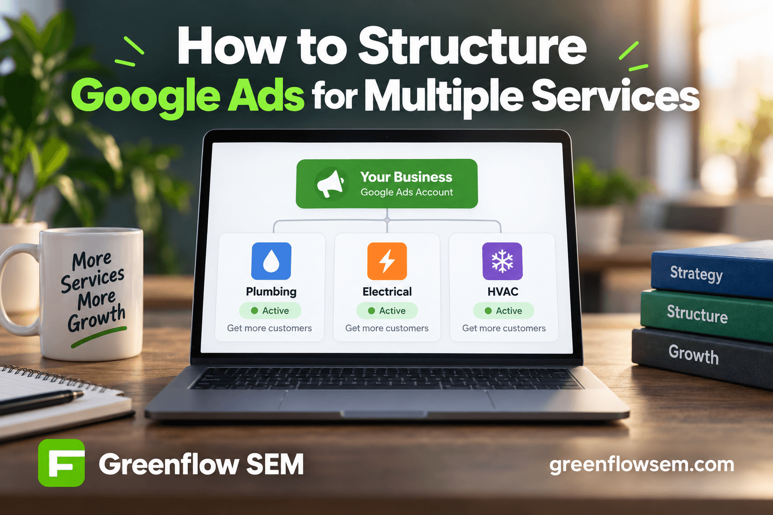 Diagram-style illustration of multiple service signposts each flowing into separate lanes toward a search icon, representing a Google Ads account structured by service
