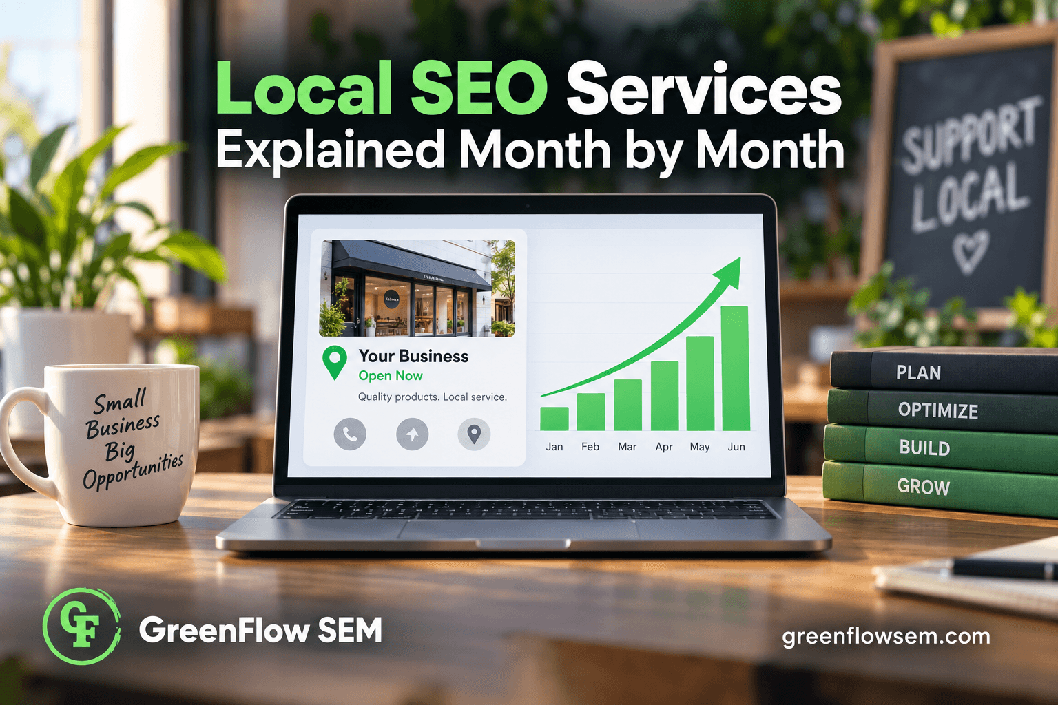 Calendar, map pin, and storefront illustrating how local SEO work builds up month by month.
