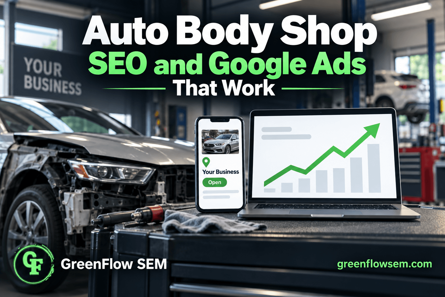 Illustration of a damaged car connected to a smartphone showing a map pin and review stars, representing how auto body shops attract customers through Google search and ads