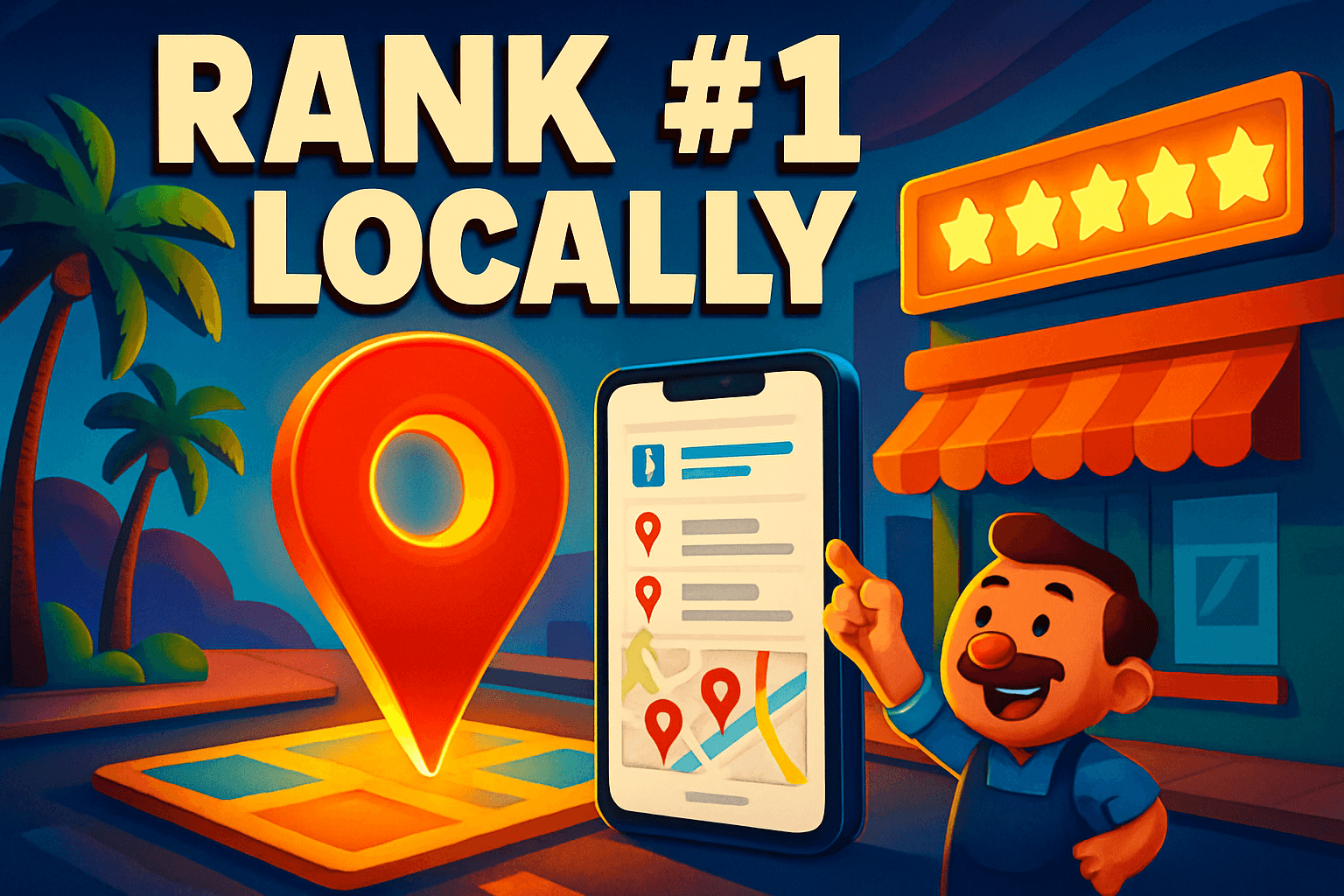 Illustration of a Google Maps pin over a San Diego storefront representing a winning local SEO and Google Business Profile strategy