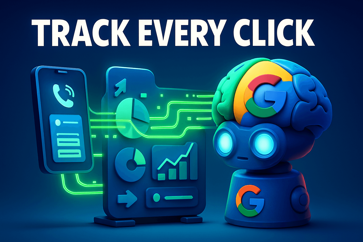 3D illustration showing conversion data flowing from phone calls and form submissions into a Google Ads bidding algorithm, representing why conversion tracking matters