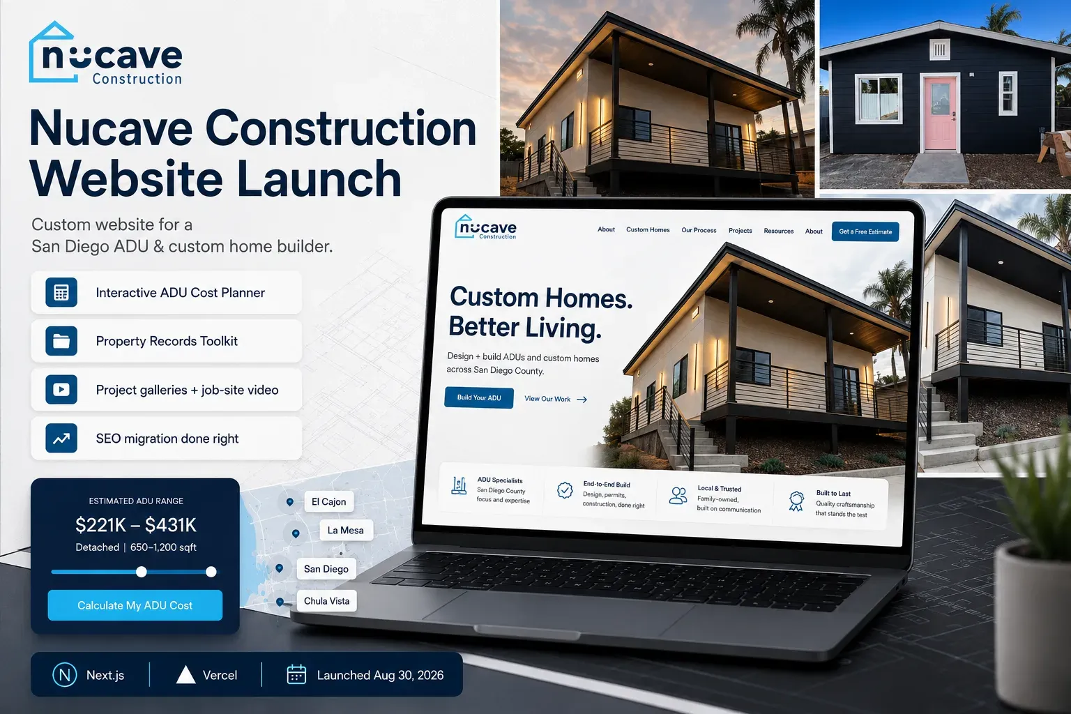 Nucave Construction website launch graphic: the new custom site on a laptop with ADU photos, the cost planner, and launch details