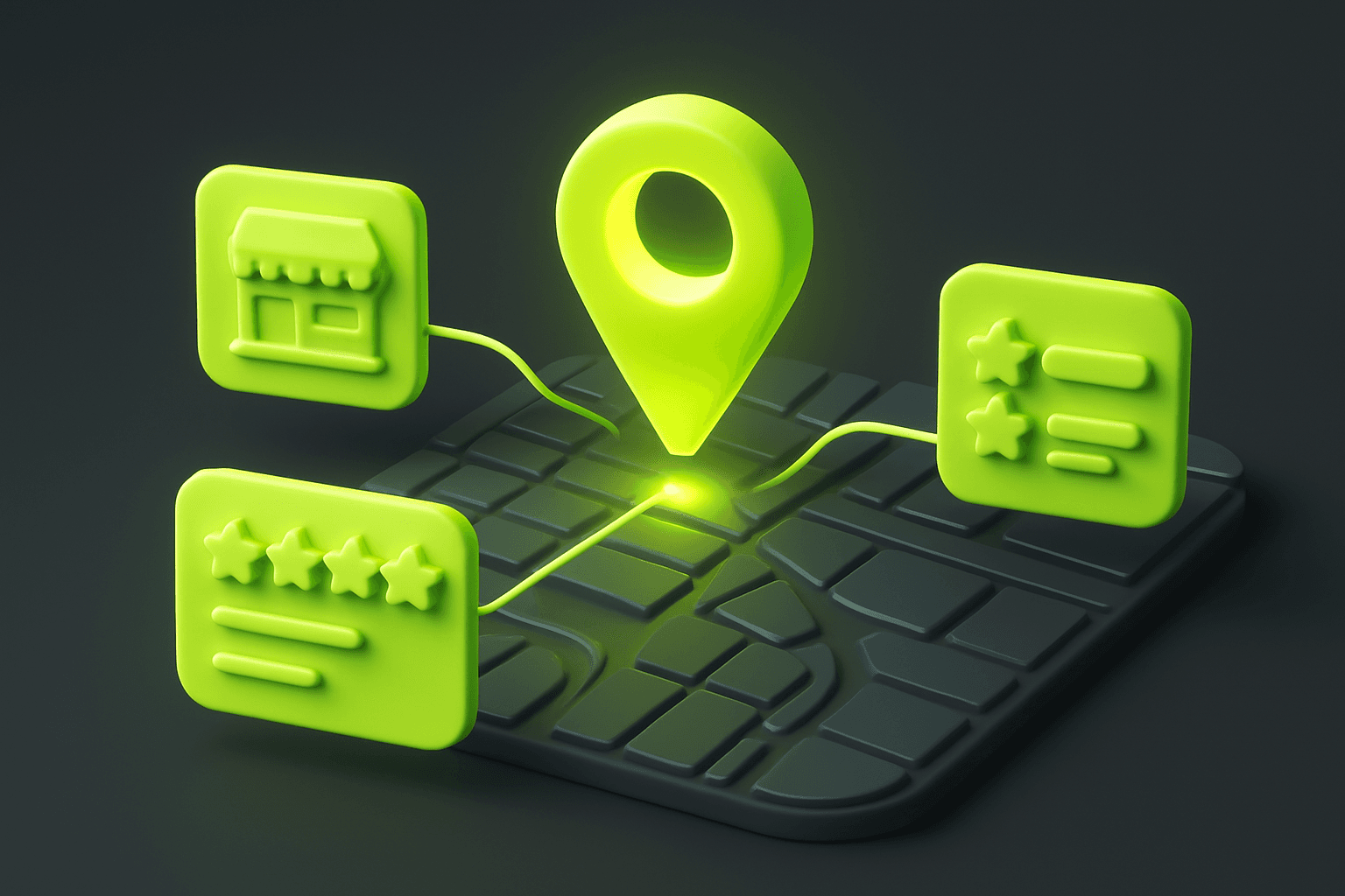 Map pin representing a local business connected to a Google Business Profile card, review stars, and a local search ranking list