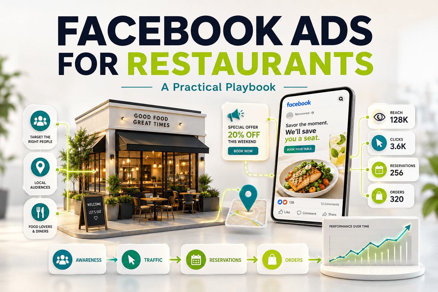 Smartphone showing a restaurant food ad connected by a path to a restaurant storefront with a location pin, illustrating Facebook Ads driving foot traffic
