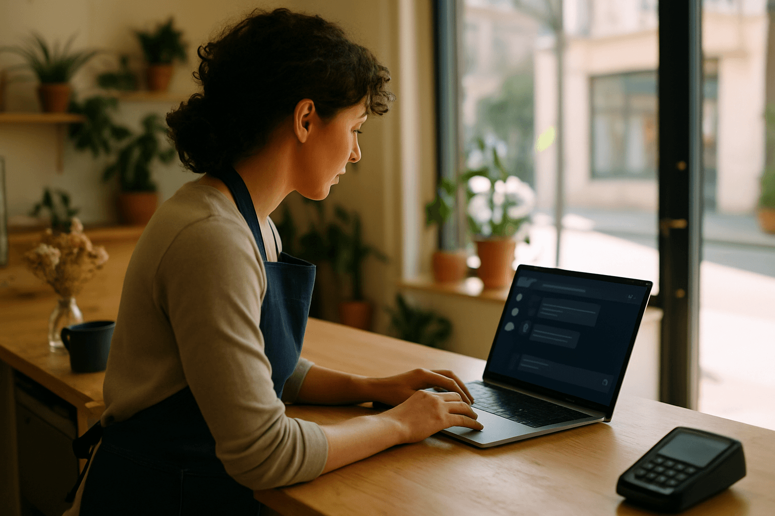 Small business owner reviewing an AI chatbot conversation on a laptop in a storefront