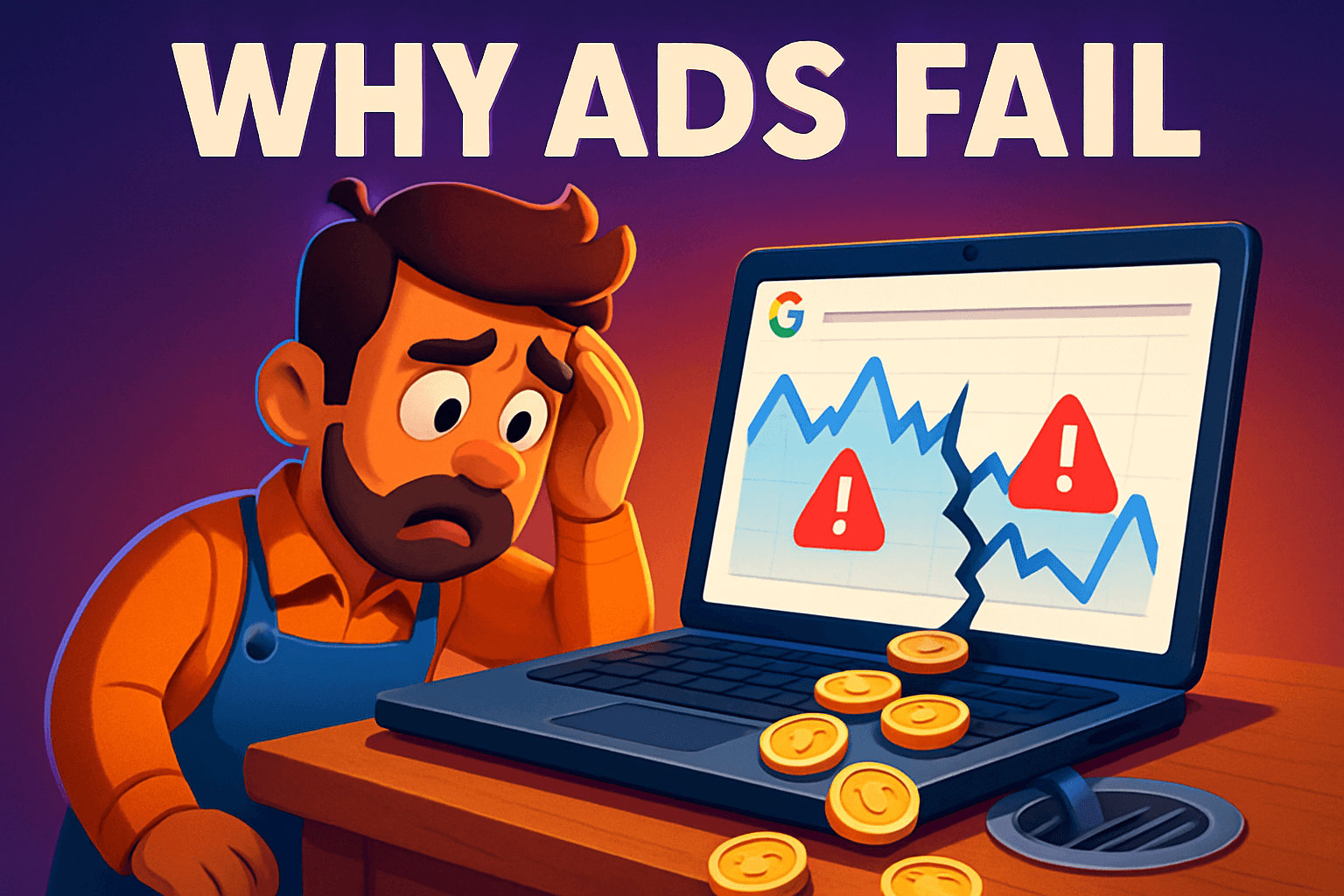 Illustration of a business owner watching a broken Google Ads dashboard leak budget, representing why most campaigns fail