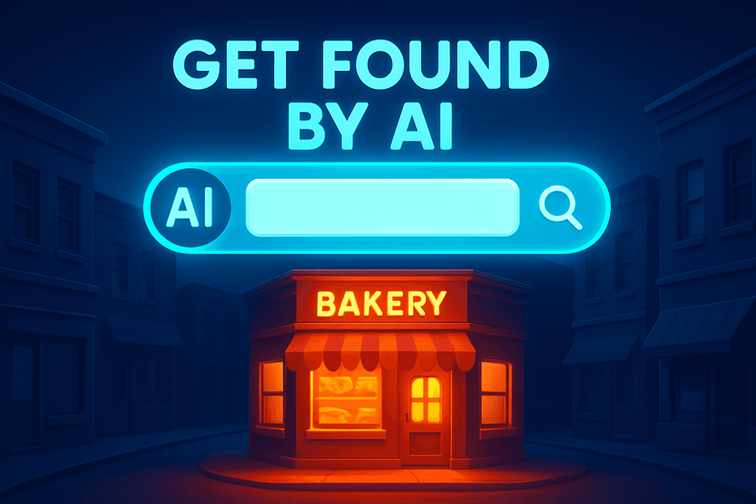 Illustration of a local storefront highlighted by a glowing AI search interface above a city street
