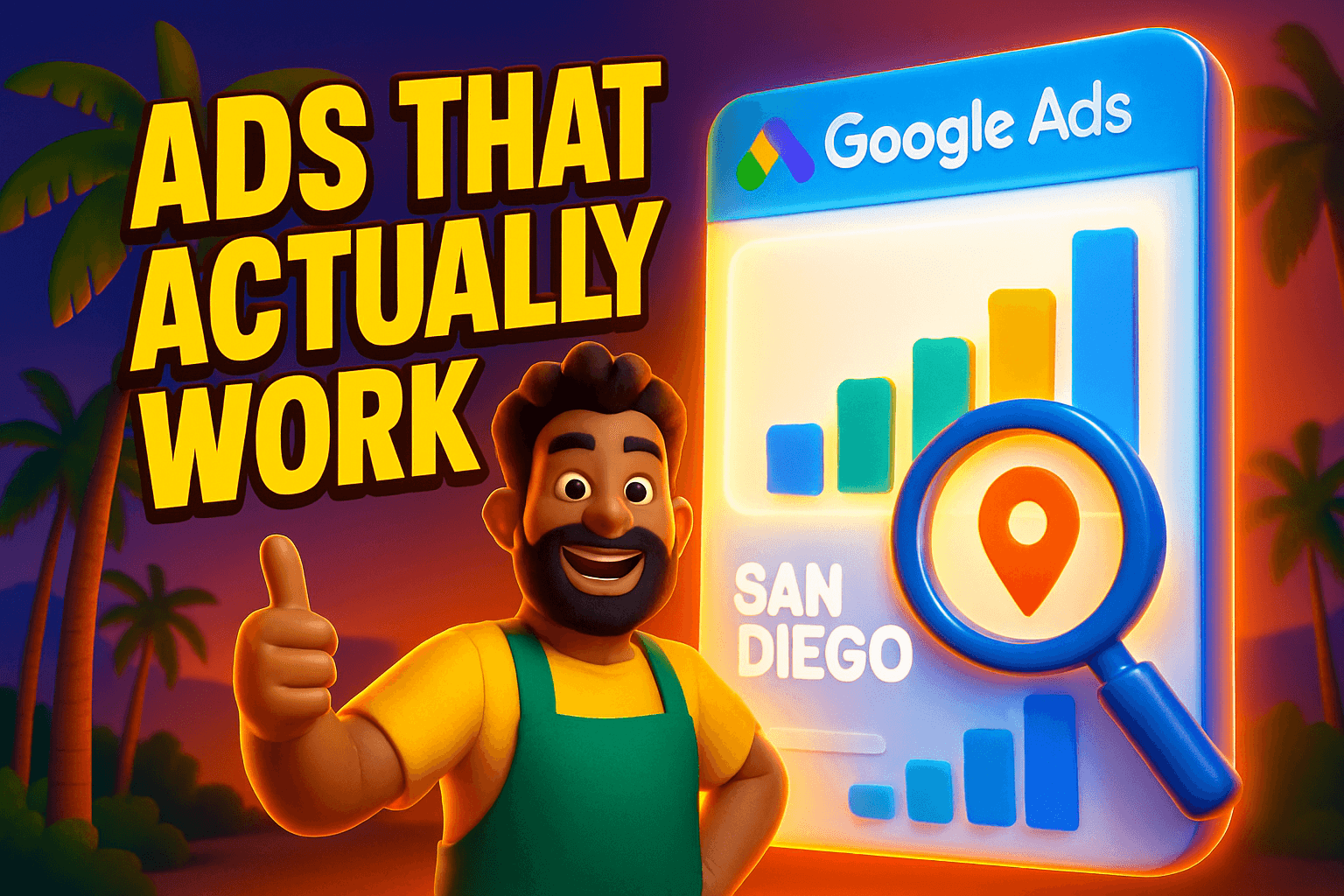 Illustration of a San Diego business owner reviewing a glowing Google Ads dashboard with rising performance charts and a San Diego map pin