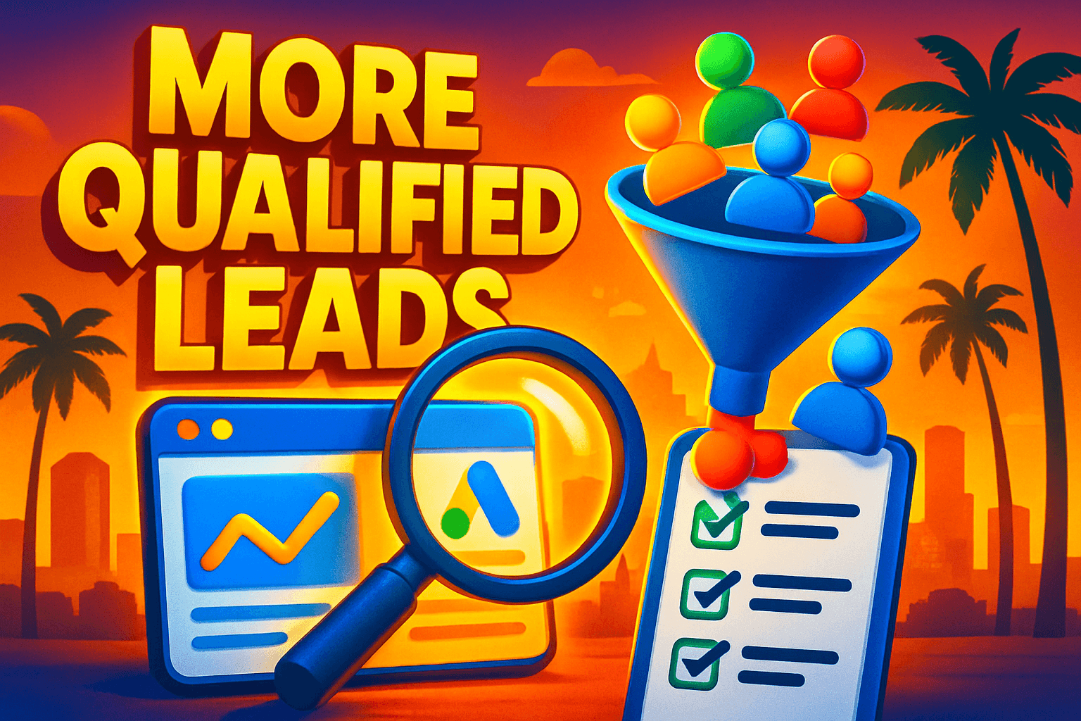 3D illustration of a Google Ads dashboard with a lead funnel over the San Diego skyline, representing qualified lead generation