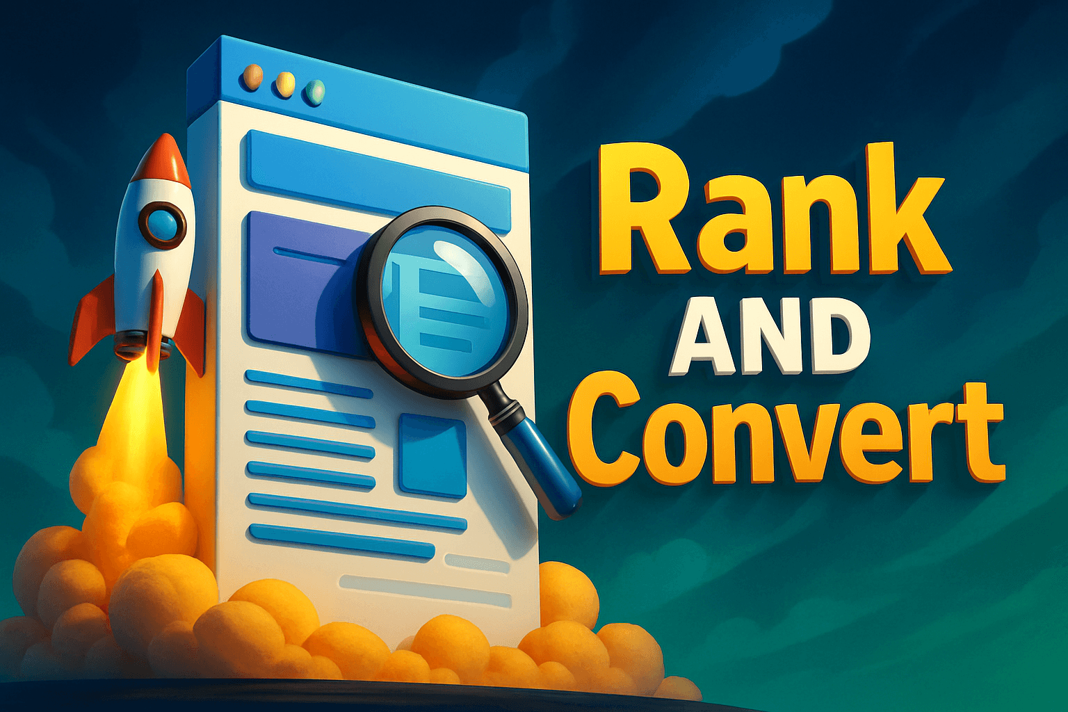 3D illustration of a webpage shaped like a skyscraper with a rocket and magnifying glass, representing service pages built to rank and convert