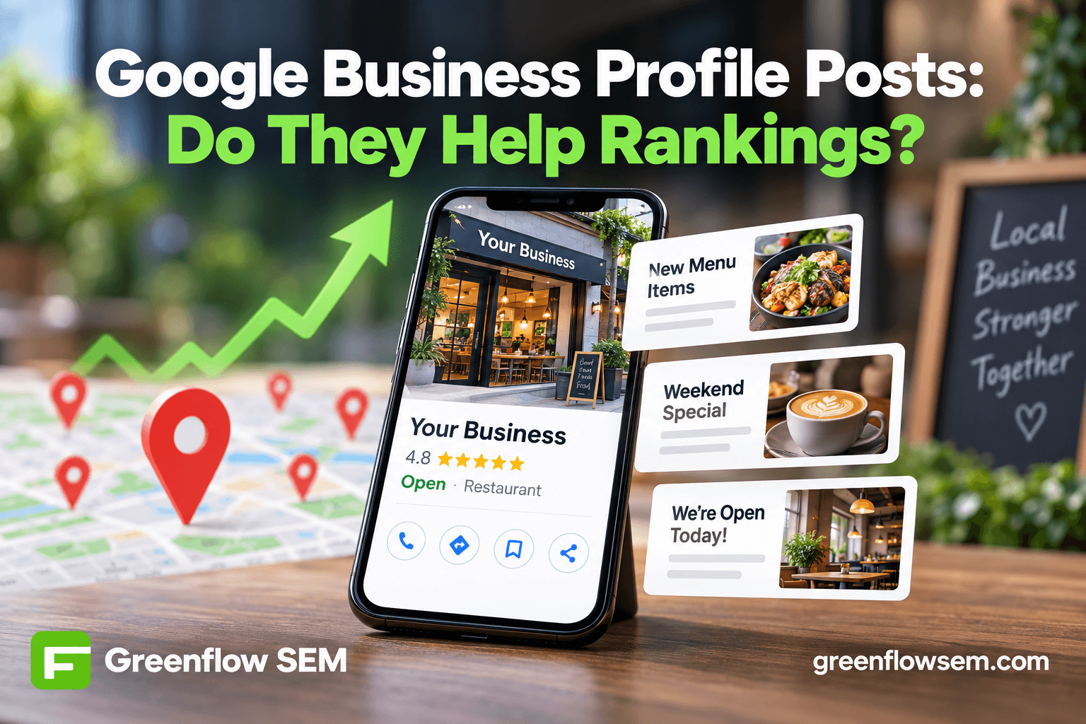 Illustration showing a Google Business Profile post icon connecting to a profile card, separate from a map pin representing local ranking