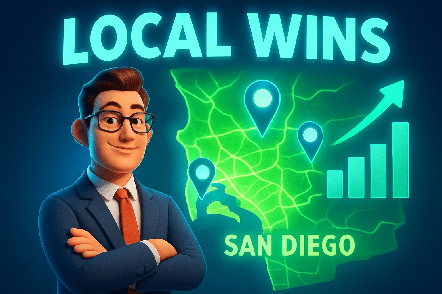3D illustration of a local Google Ads expert analyzing a San Diego map with performance charts, representing improved local ad results